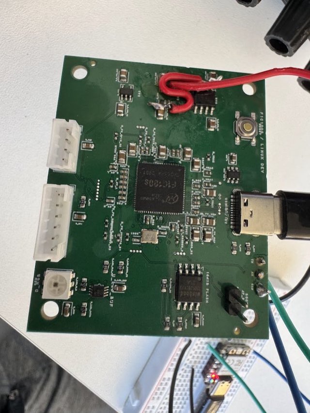 Manufactured Linux board connected to USB and test wires