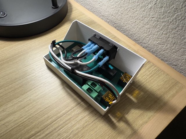Assembled Wi-Fi smart switch with relays and wiring in a custom enclosure
